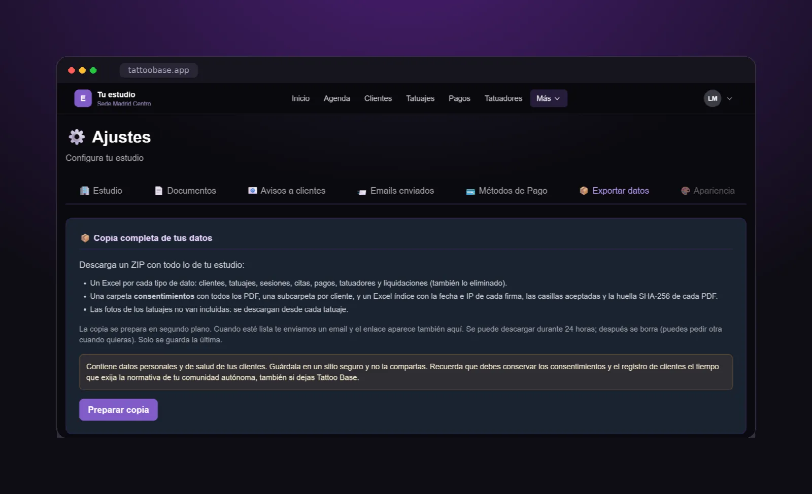 Pantalla para descargar en un ZIP los datos de un estudio de tatuaje: Excel de clientes, tatuajes y pagos, y los consentimientos firmados en PDF
