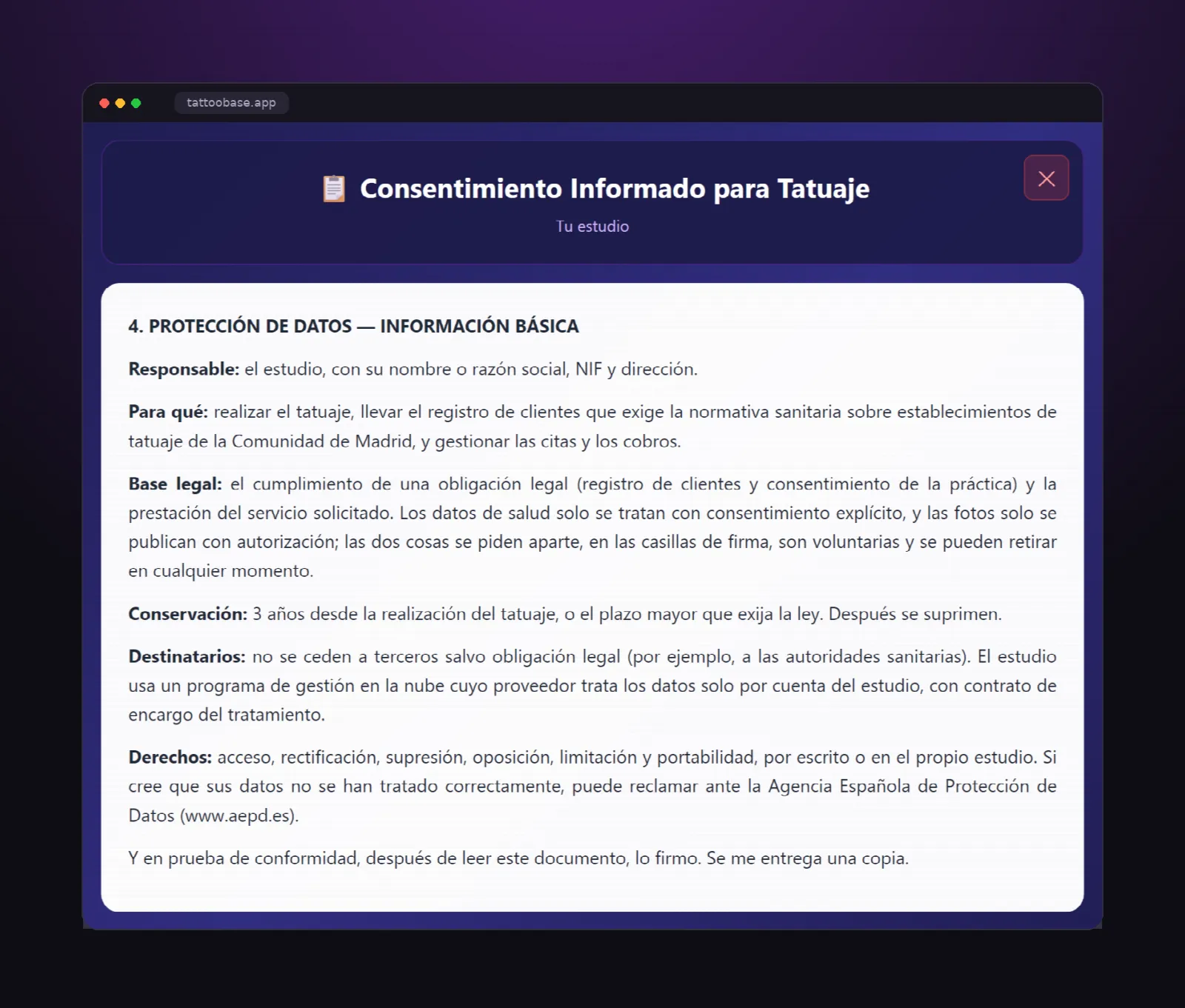 Apartado de protección de datos de un consentimiento de tatuaje: responsable, finalidad, base legal, conservación, destinatarios y derechos